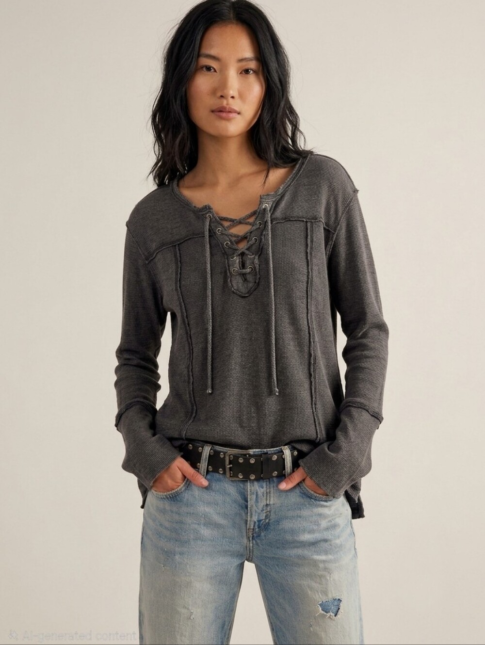 We The Free People LaceUp Oversized XL Layering Top Long Sleeve Tunic Gray Hanly